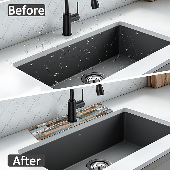 2PCS 15" X 5.5" Kitchen Sink Splash Guard Faucet Mat Wood Grain Super Absorbent