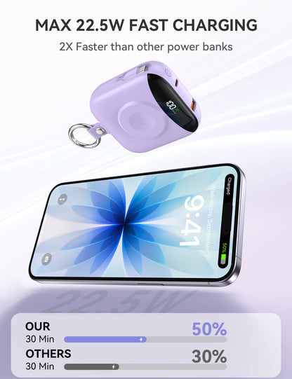Portable Charger, 10000mAh 22.5W Fast Charging Power Bank with Built-in Cables, Travel Essentials Battery Pack with LED Display for iPhone, Portable iWatch Charger for 11/10/9/8/7/6/5/SE/Ultra Purple