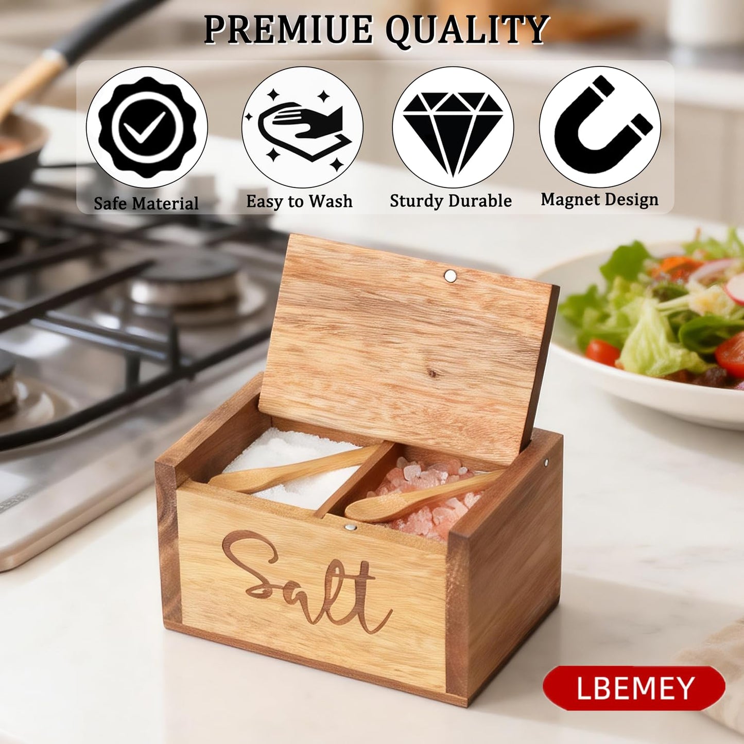 Acacia Wood Spice Box with Lid and Built-in Spoon for Kitchen Countertop, Rectangle Farmhouse Kitchen Decoror for Storing Salt, Peppers, Sugar or Seasonings, Brown (Labeled - “Salt”)