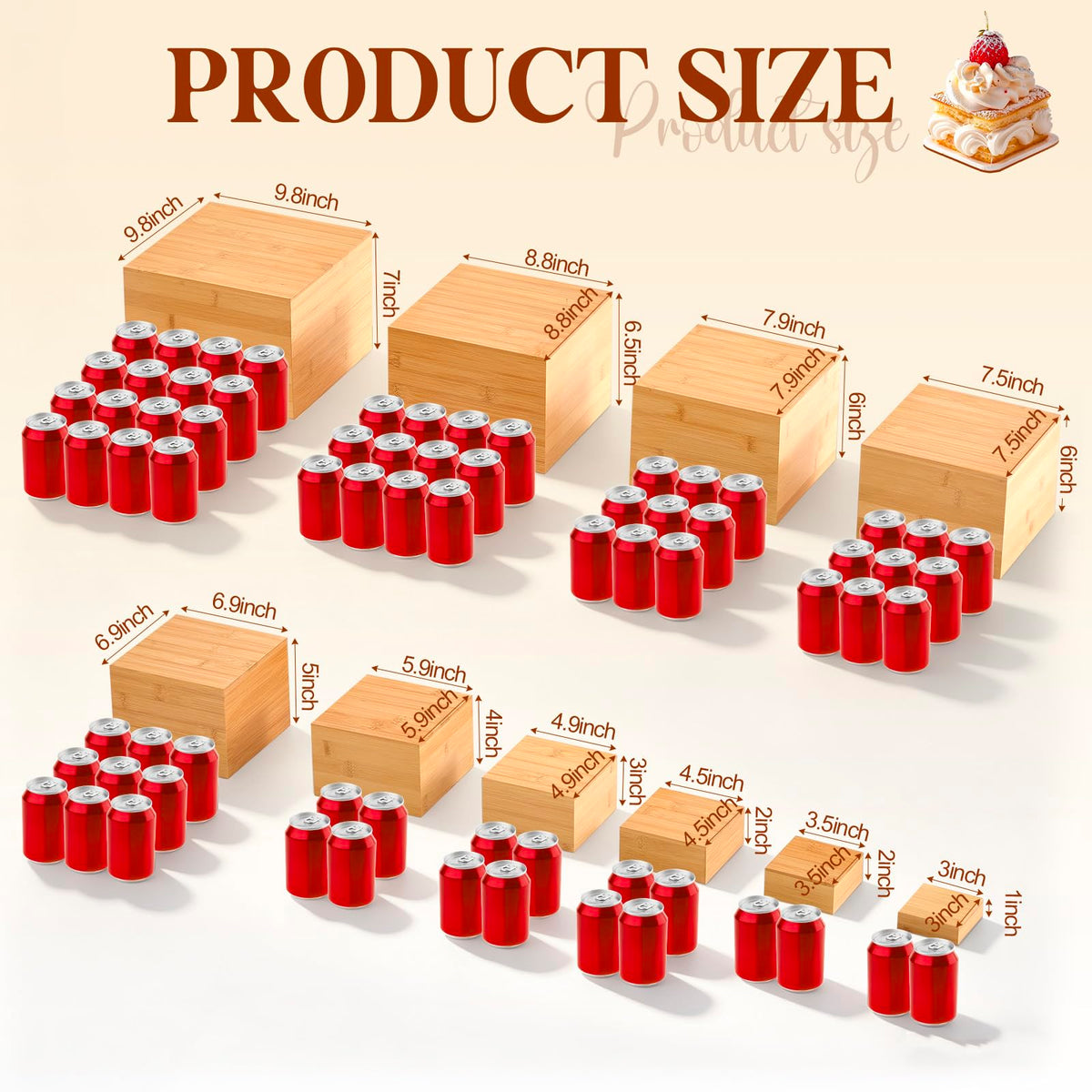 Fiwochic 10 Pcs Bamboo Buffet Risers, 9.8'' 8.8'' 7.9'' 6.9'' 5.9'' 4.9'' 4'' 3'', Large Food Risers for Buffet Table, Cake Display Stand Cube Box for Wedding Party Catering Dessert Jewelry Home Decor