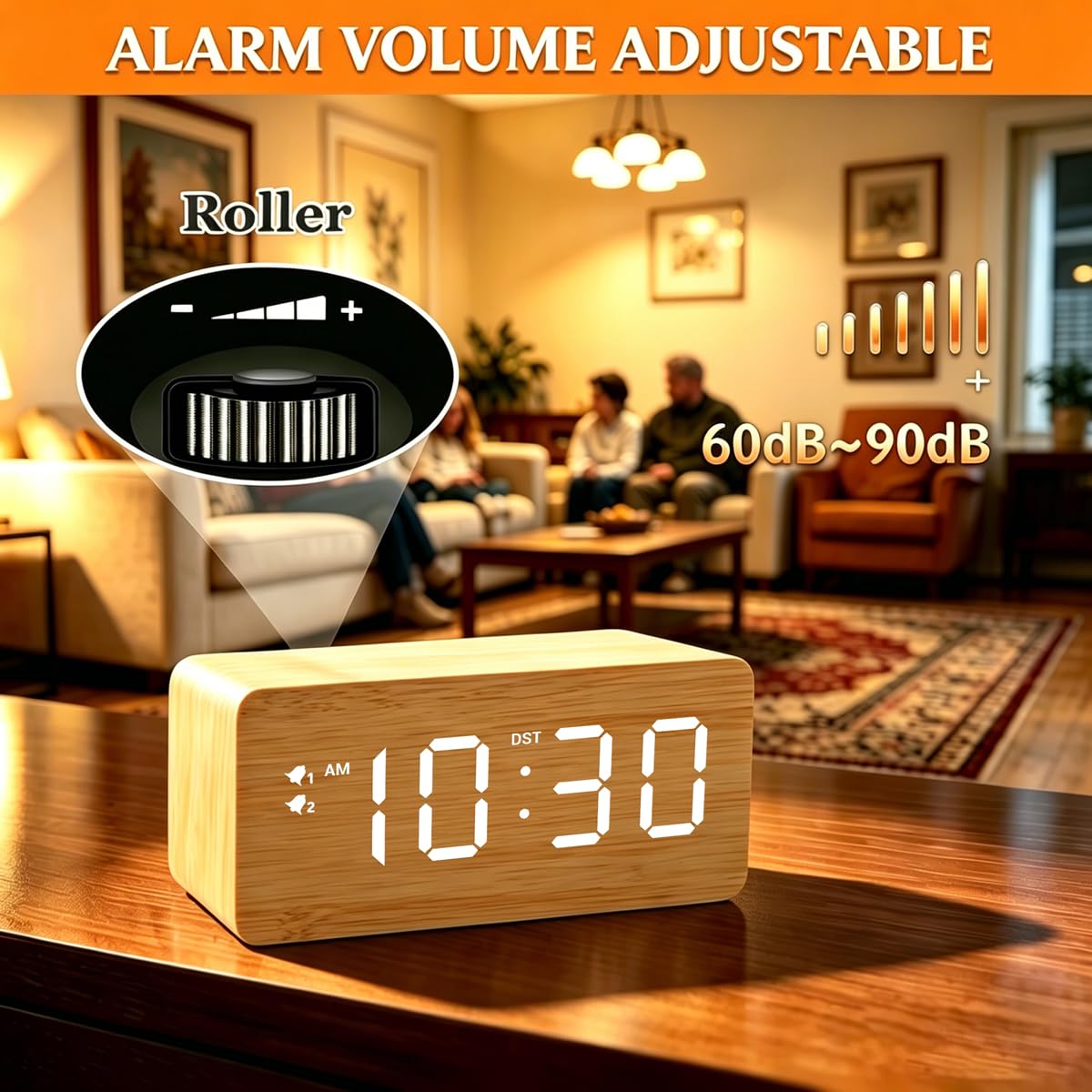 URAYCO Wood Digital Alarm Clock with 10W Fast Wireless Charger, USB Charging Ports, DST, Dimmable, Snooze, Large Number LED Display for Bedrooms, Desk, Living Room Table, Bedside, Nightstand (Bamboo)