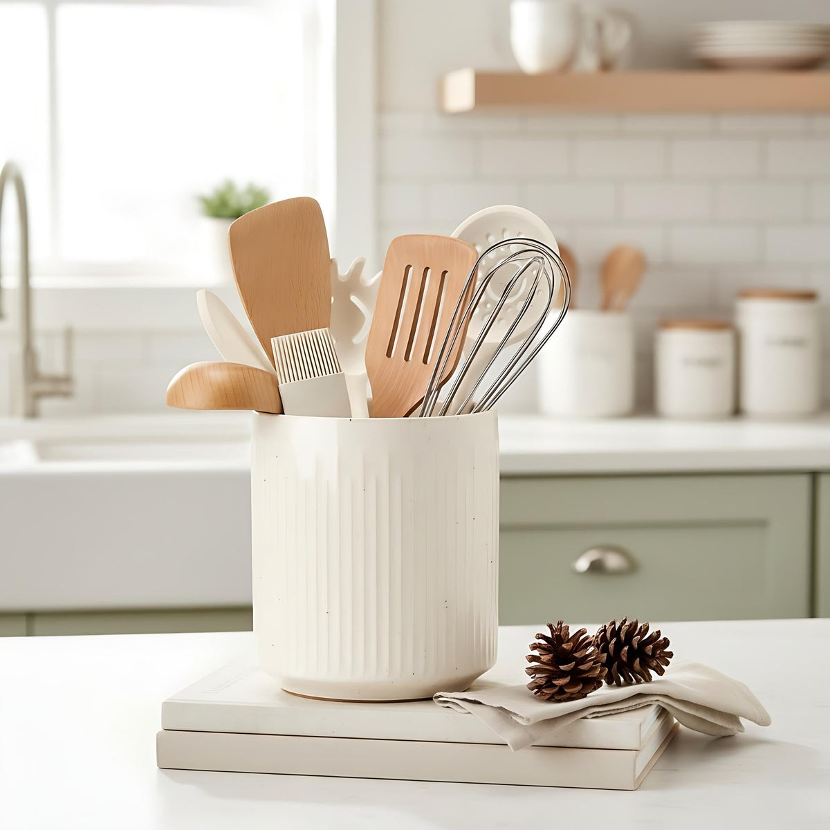 JIEMEI HOME Kitchen Utensil Holder, 7.2" Large Ceramic Stable Utensil Crock for Countertop, Utensil Organizer with Cork Mat, Removable Bamboo Divider for Easy, Kitchen Decor, Aged Ivory Speckle