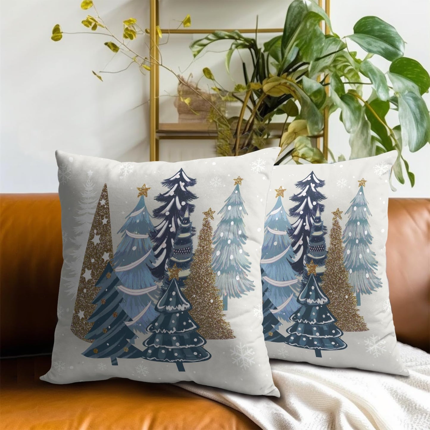 Mweet Christmas Tree Pillow Covers 20x20 Inch, Set of 2 Xmas Blue Pine Trees Snowflakes Winter Holiday Pillowcases Square Cushion Cover Farmhouse Home Decor for Living Room Sofa Couch