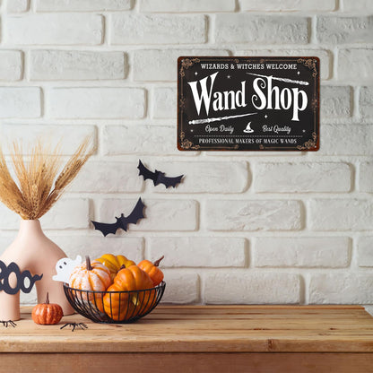 Wand Shop Wizards & Witches Welcome Halloween Metal Tin Sign Wall Art for Farmhouse Home Cafes Haunted House Halloween Holiday Party Decor 8x12 Inch