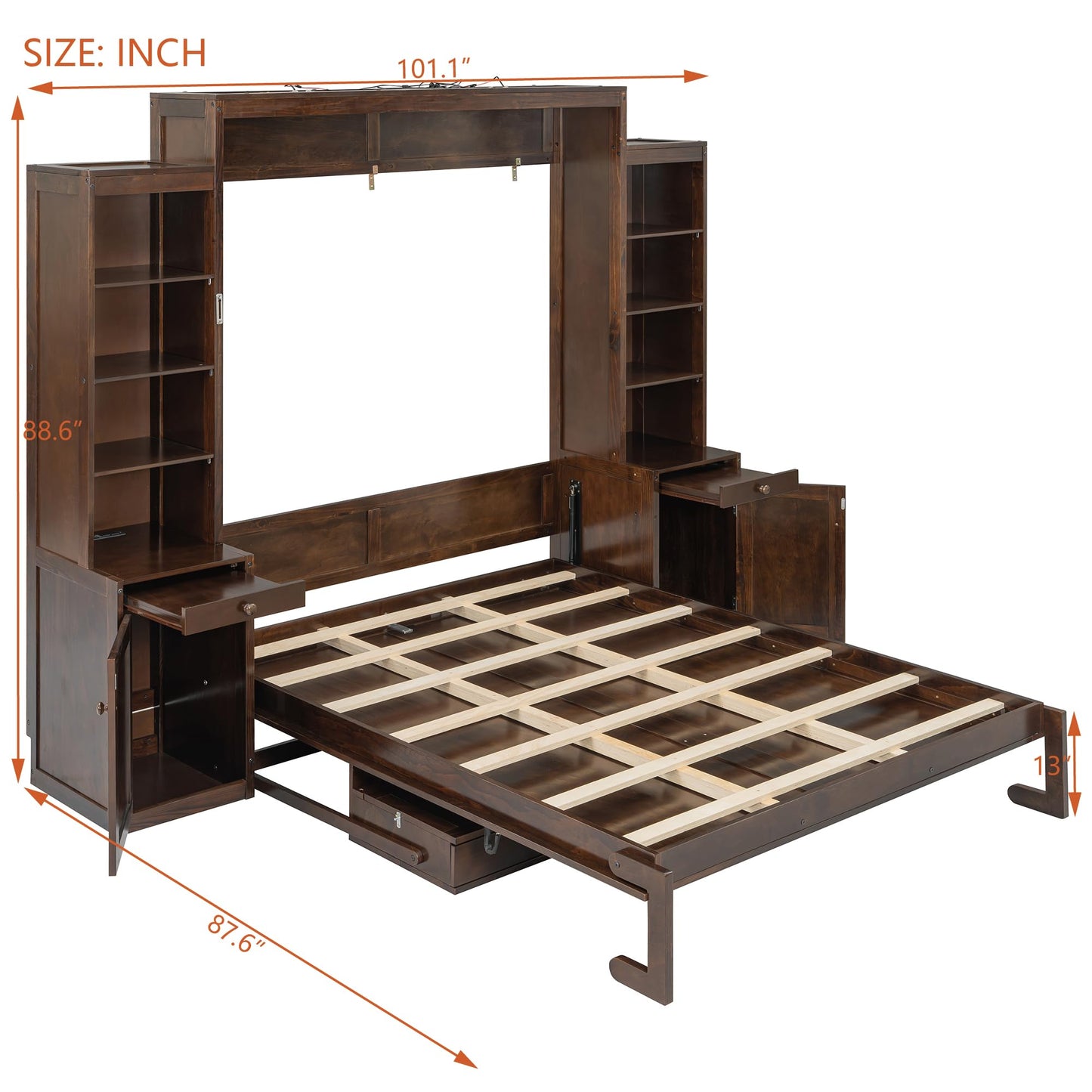 Merax Murphy Bed with Desk, Storage Cabinets and Drawers, Wood Wall Bed with Shelves, Convert to Cabinet, Space-Saving, Queen Size, Dark Brown