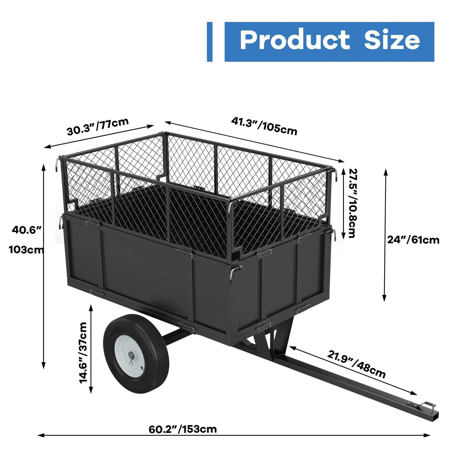 Heavy Duty 750LB Capacity Steel Dump Cart Trailer for ATV, 17 Cu.Ft Utility Garden Wagon, 2 Wheels, Durable Tow-Behind for UTV, Lawn Mower, Tractor, Landscaping