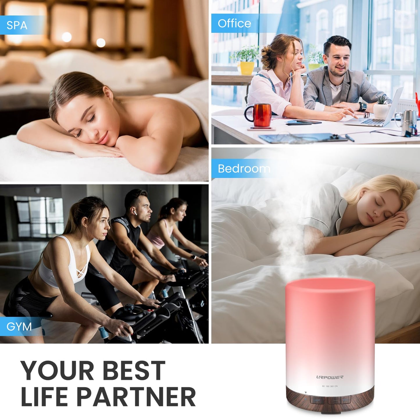 URPOWER 300ml Aromatherapy Essential Oil Diffuser Ultrasonic Air Humidifier AUTO Shut Off Scent Diffuser Night Light 7 Color Changing LED Lights and 4 Timer Settings for Bedroom Office Home
