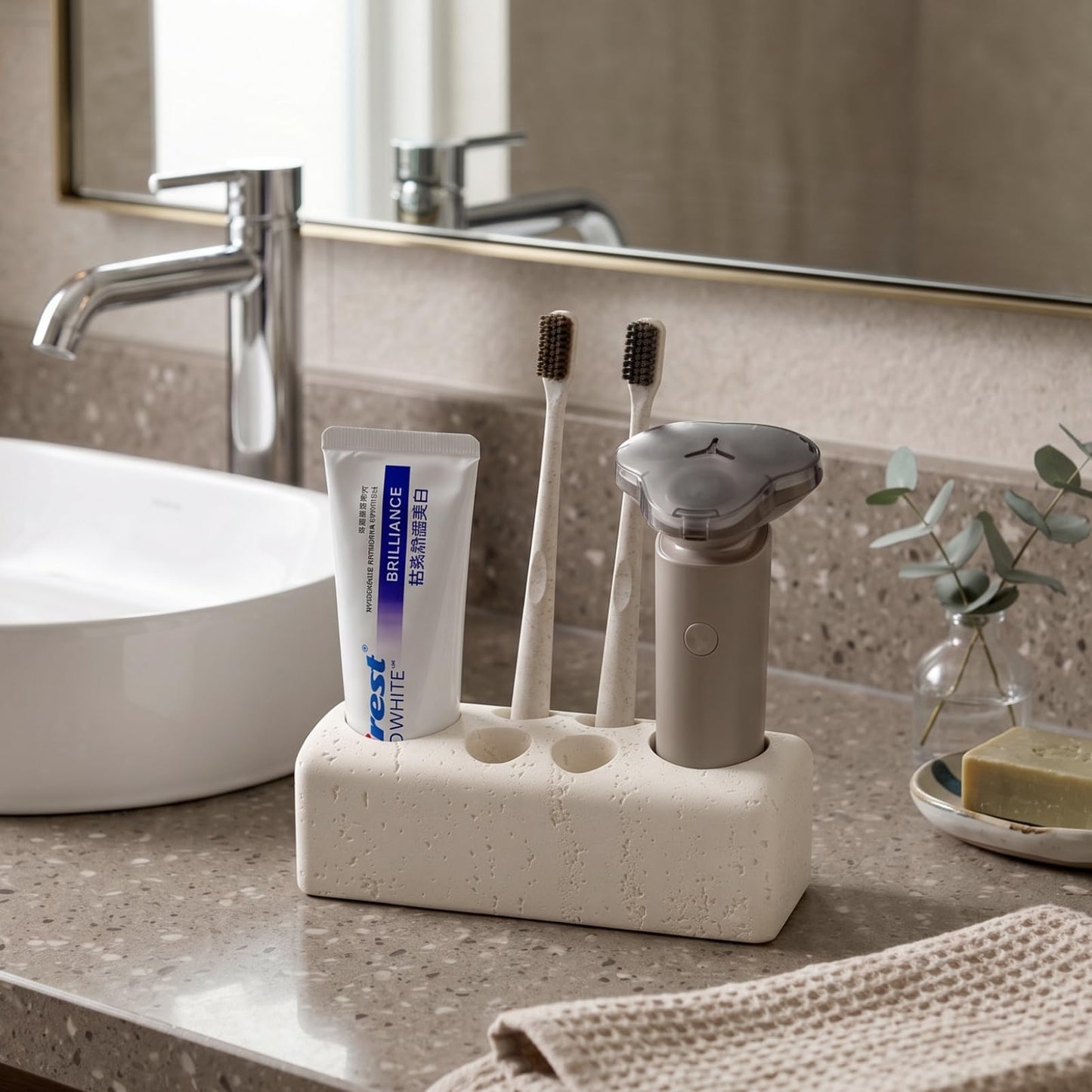 Haocoott Toothbrush Holder with 6 Slots, Bathroom Electric Toothbrush and Toothpaste Holder Set, Bathroom Organizer for Countertop, Shower, Vanity, Travertine Stone Look, Off-White