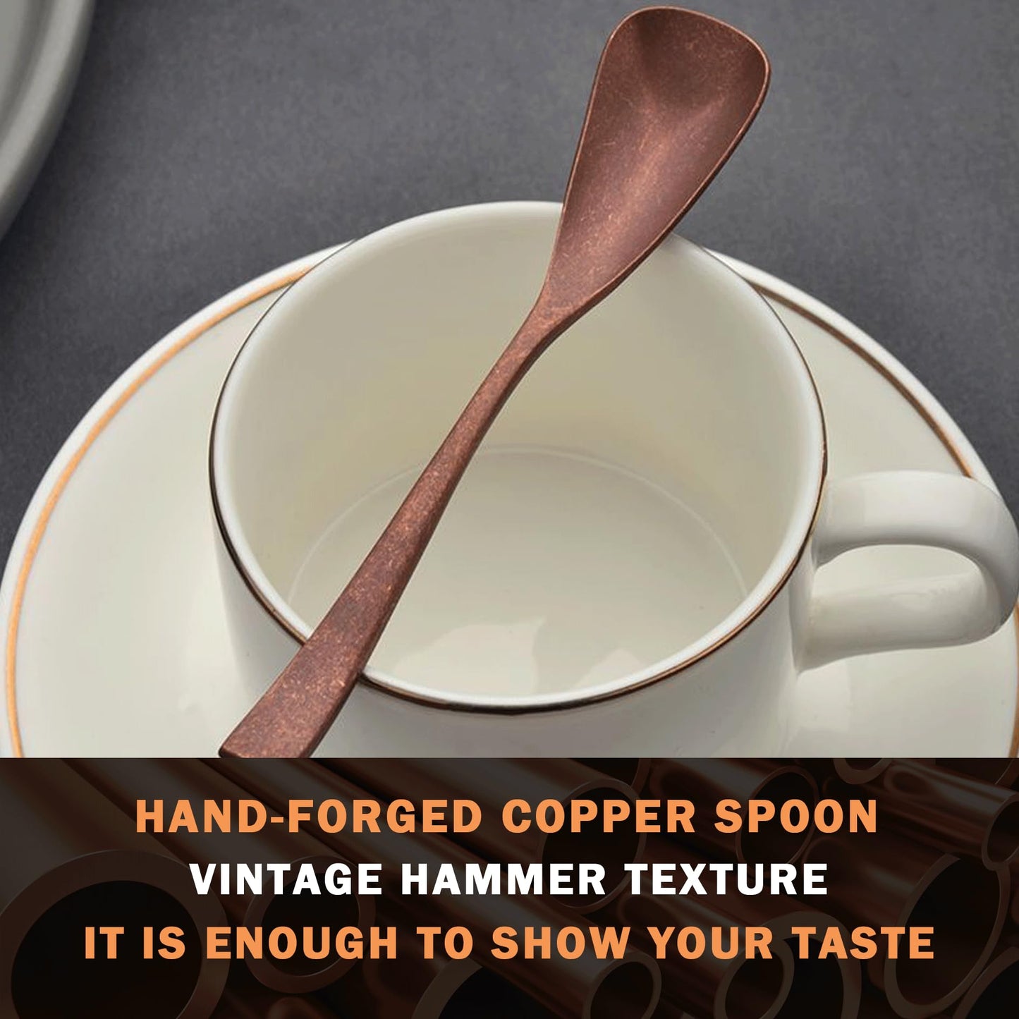 Purecopper 4.33-Inch Vintage Teaspoon, Hand-Forged Antique Copper Spoon, Suitable for Stirring Coffee and Desserts, Cakes, Ice Cream (4)