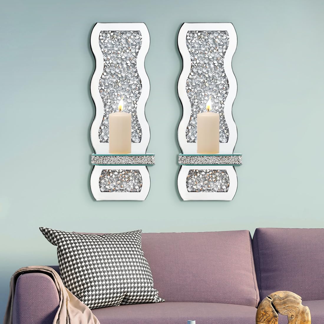 Aeveco Crystal Crush Diamond Mirrored Candle Sconces, Silver Wall Candle Holder Set of 2, Wall Decorations for Living Room，Dining Room (Wave)