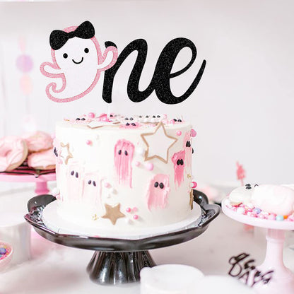 Pink Glitter Halloween Ghost One Birthday Cake Topper The Spooky One Cake Topper for Pink Girl Halloween1st Birthday Cake Decorations
