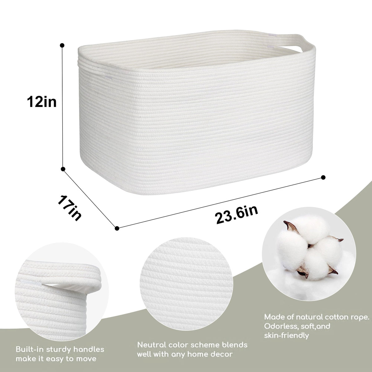 MEGASKET Extra Large White Storage Basket, 23.6" x 17" x 12" Rectangle Blanket Storage for Living Room, White Woven Cotton Rope Basket, Big Kids Toy Box Bin, XXXL Wicker Laundry Baskets for Organizing
