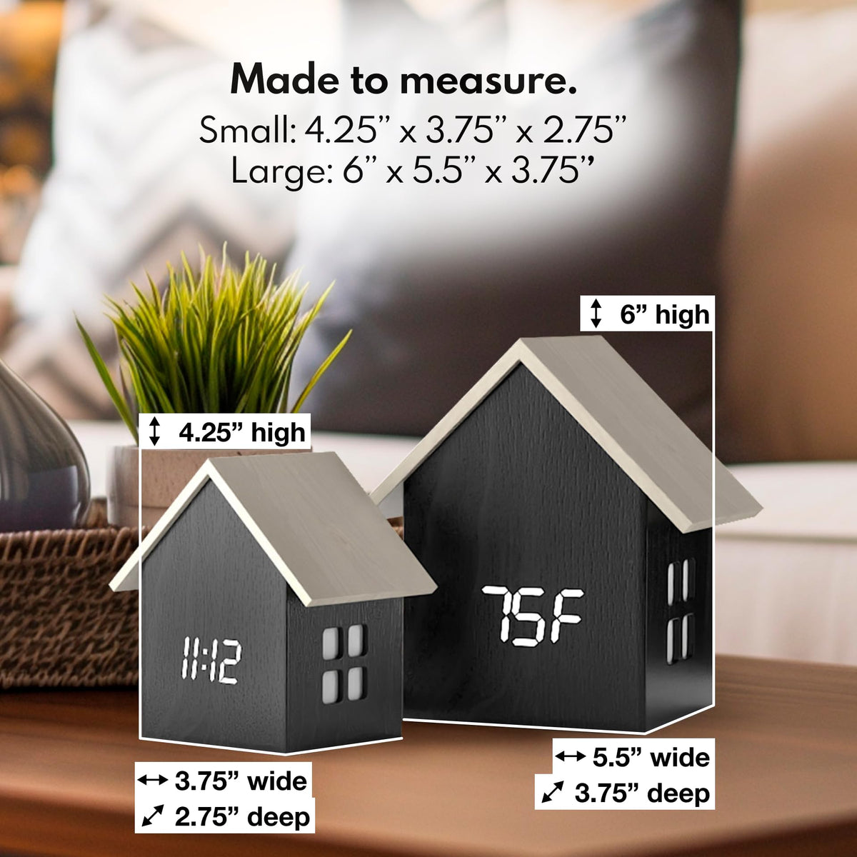 Driini Digital House Shaped Alarm Clock with Temperature Display (Dark Wood) – Modern Aesthetic with Cute Cube Frame and White LED Dimmer - Perfect Small Desk Clock for Bedside Table or Bedroom Mantle