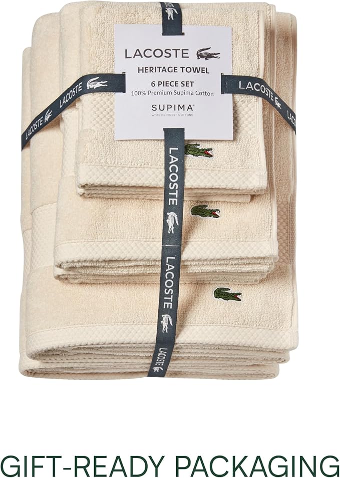 Lacoste Heritage Supima Cotton 6-Piece Towel Set, 2 Bath Towels, 2 Hand Towels