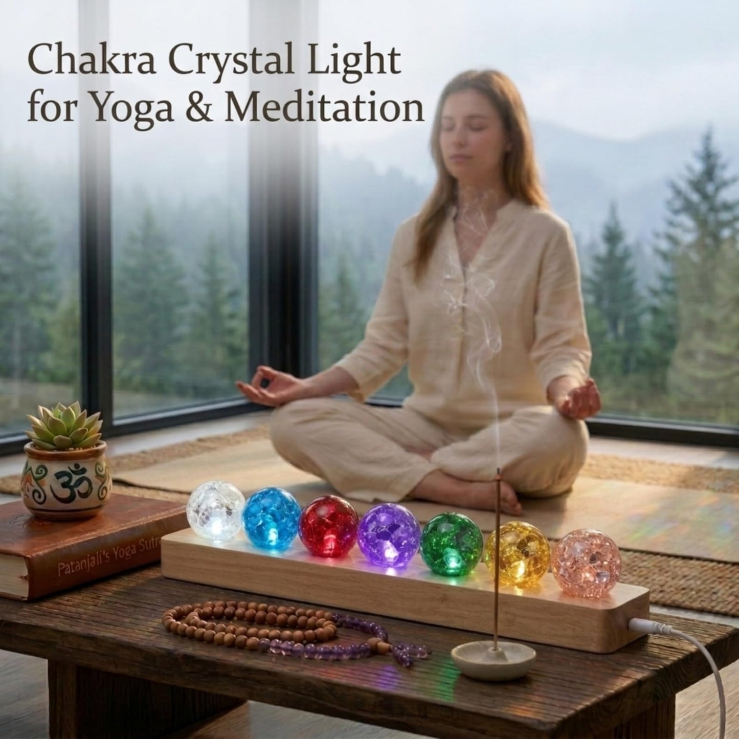 JINWU ClearPeak 7 Colors 40mm Ice Cracked Crystal Balls, Chakra Healing Sphere with LED Wooden Base, Glass Night Light for Home Living Room Meditation, Valentines Day (Set 7-Rainbow)