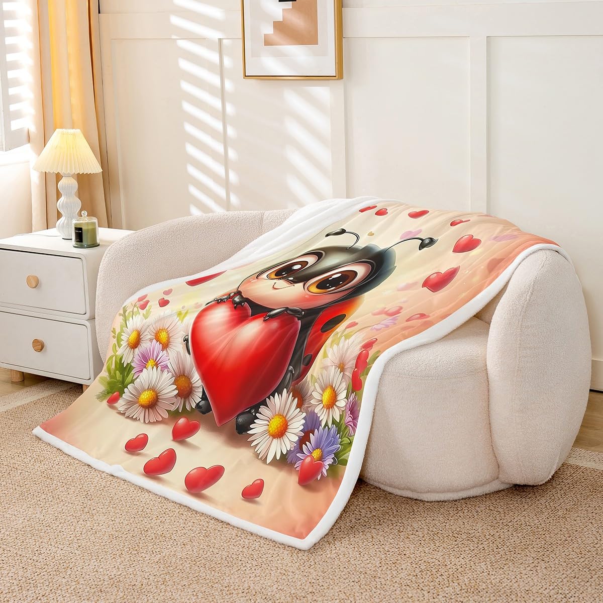 Erosebridal Throw 50"X60" Ladybug Fleece Blankets Cute Cartoon Ladybird Sherpa Blankets for Kids Boys Girls,Red Romantic Love Heart Throw Bed Blanket Spring Daisy Rustic Wild Flowers Fuzzy Blanket