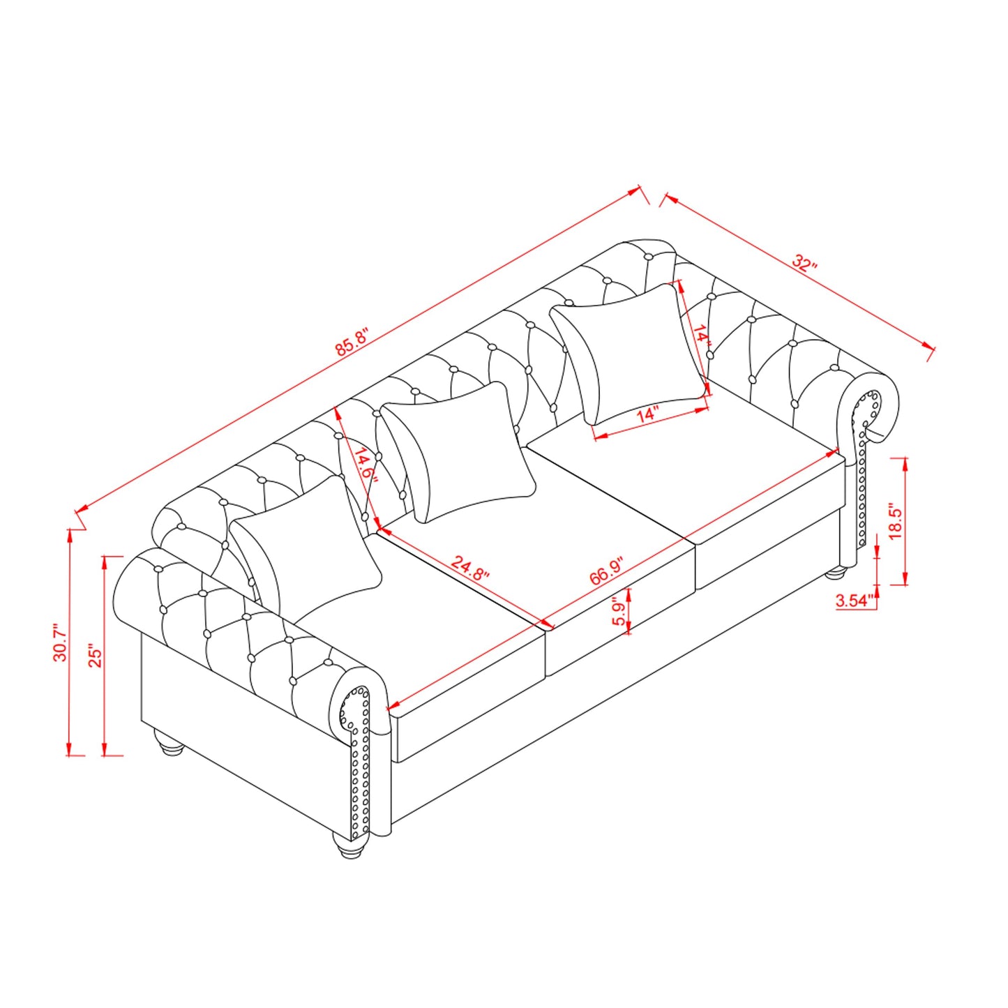 KEIKI 85.8" Chesterfield Sofa, Retro Style Upholstered with Storage Faux Leather PU Couch with Rolled Arm, Nailhead for Living Room Bedroom Office Apartment, Burgundy
