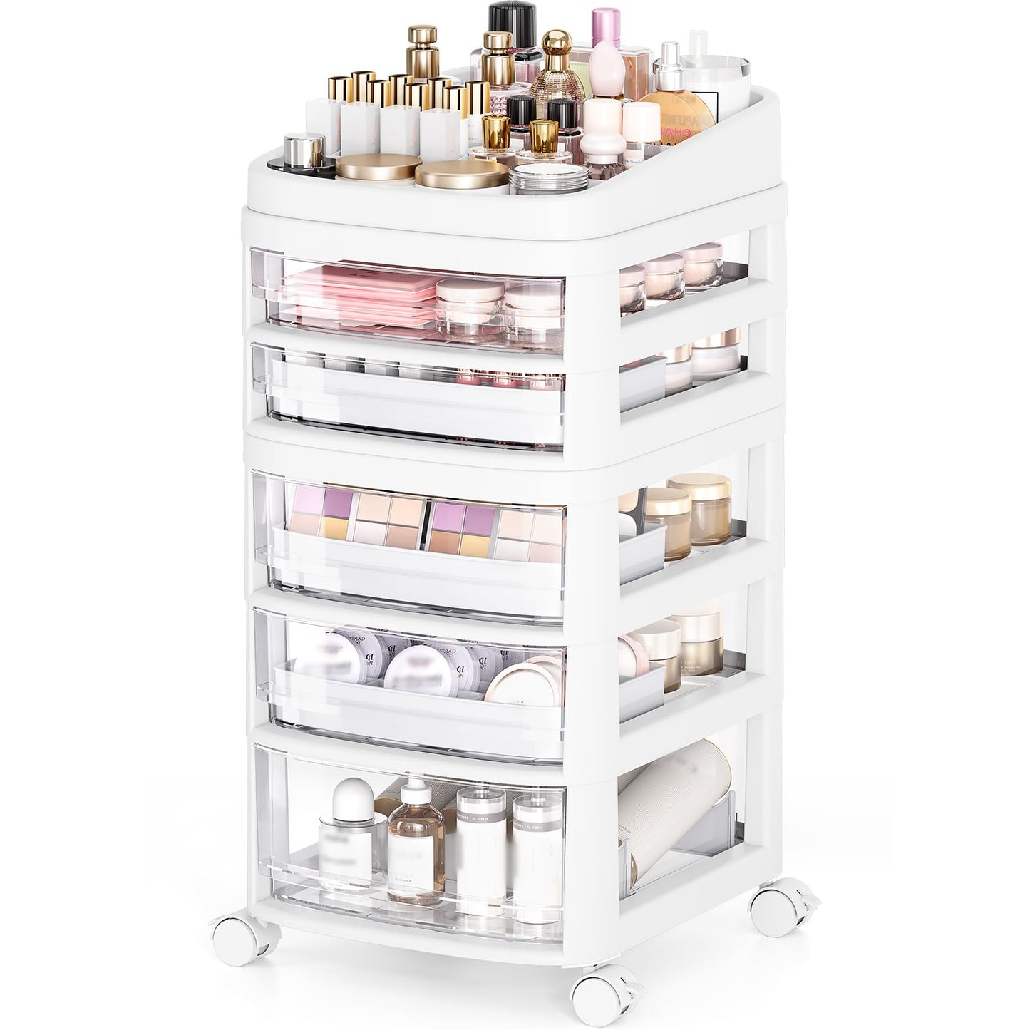 Rolling Cart with 5 Drawers, Clear Plastic Drawer Organizers, Dust Proof Under Desk Storage for Makeup, Skincare, Art Crafts and Baby Items, Acrylic Cosmetic Organizer with Dividers, Vanity Cart