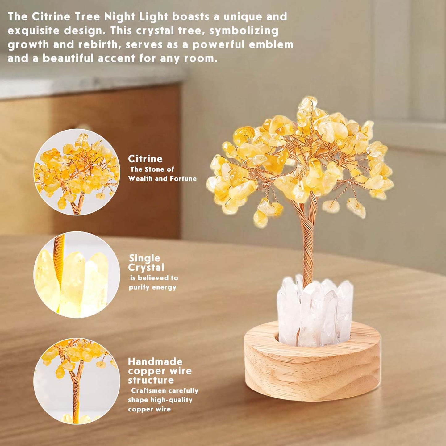 Runyangshi Runyanshi Citrine Money Tree Lamp - Abundance Crystal Night Light w/ 108 Natural Citrine Chips, Wood Base & USB Power, Manifestation Desk Decor for Wealth, Office, Gift