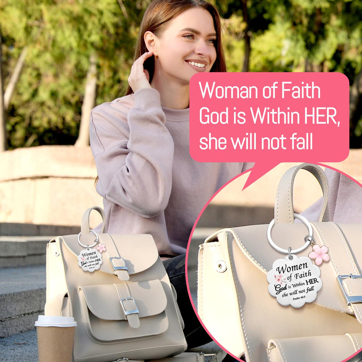 Cunno Christian Gifts for Mother's Day Women Church Religious Keychain Bulk Scalloped with Enamel Sakura Woman of Faith(24 Pcs)