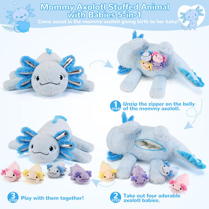 gnomantic 5 Pieces Axolotl Stuffed Animals with Babies Inside Belly - 1 Mommy Stuffed Axolotl with 4 Babies - Blue Axolotls Plush Toy for Kid Age 3-8, Gift Ideal for Christmas, Valentine's, Birthday