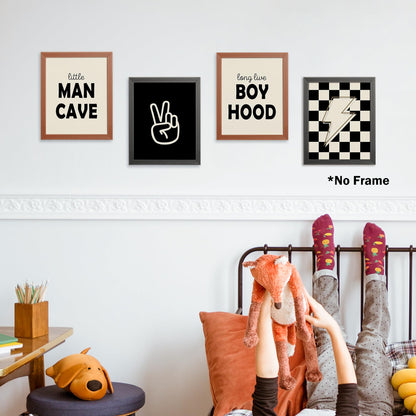 Little Man Cave Retro Preppy Checkered Lightning Peace Sign Long Live Boyhood Poster Prints for Boy Teen Room Dorm Decor, Preppy Yellowish-Black Decorations Prints Wall Art Unframed 4pcs 8x10inches