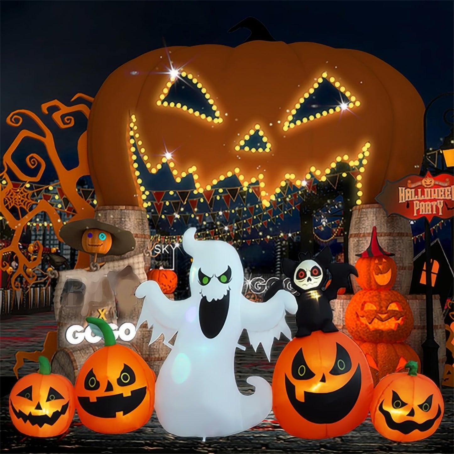 HZGDEJTG 8ft Bat Pumpkin Row Stand Halloween Inflatable Outdoor Decoration, Yard Decorations with LED Lights for Outdoor Lawn, Garden, Home Holiday Party