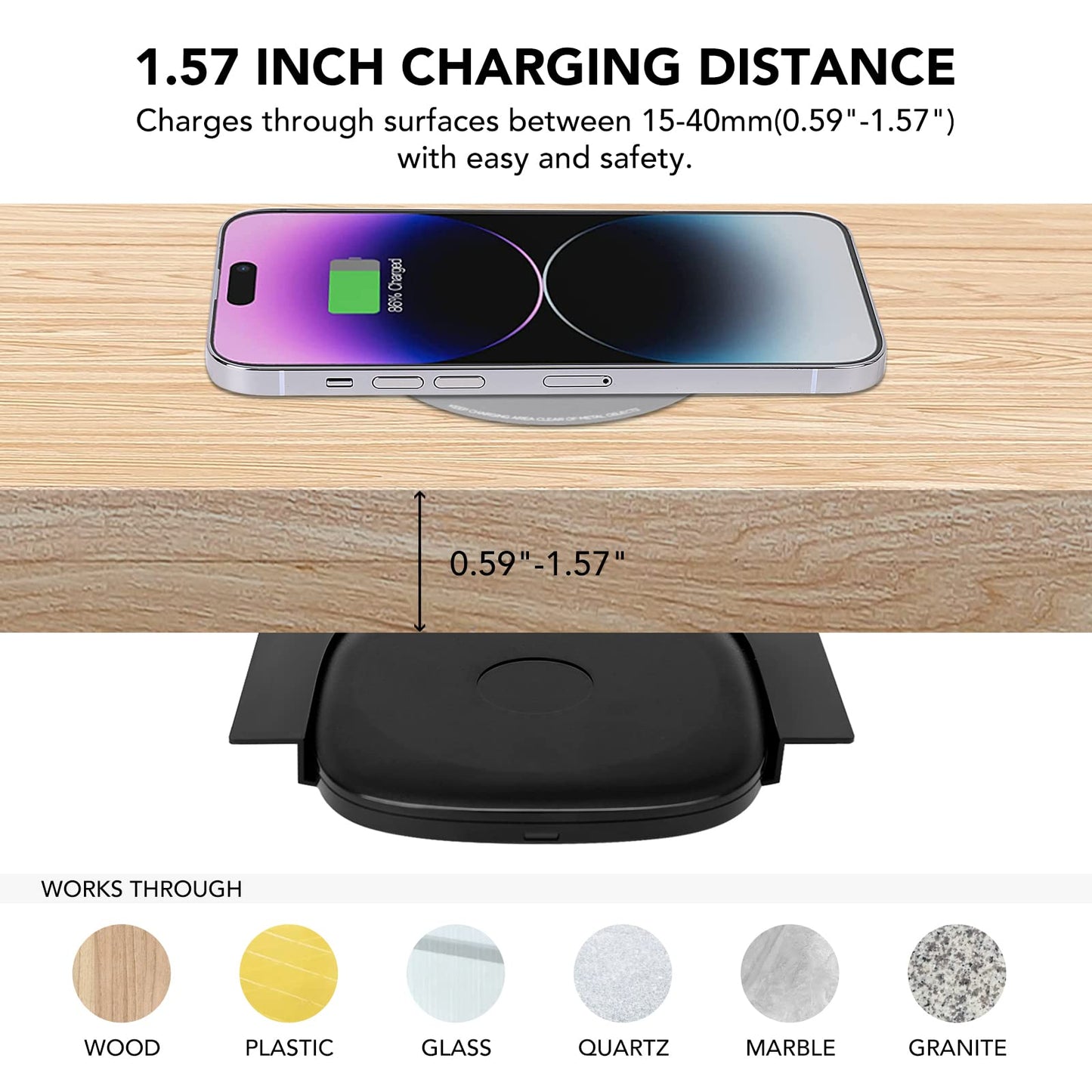 1.57"(40mm) NiiTTER Invisible Wireless Charger, Under Desk Wireless Charger, Under Counter Charging for iPhone 17/16/15/14/13/12/ Samsung Galaxy S25/S24/S23/S22/S21(Adapter Included)
