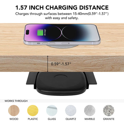 1.57"(40mm) NiiTTER Invisible Wireless Charger, Under Desk Wireless Charger, Under Counter Charging for iPhone 17/16/15/14/13/12/ Samsung Galaxy S25/S24/S23/S22/S21(Adapter Included)