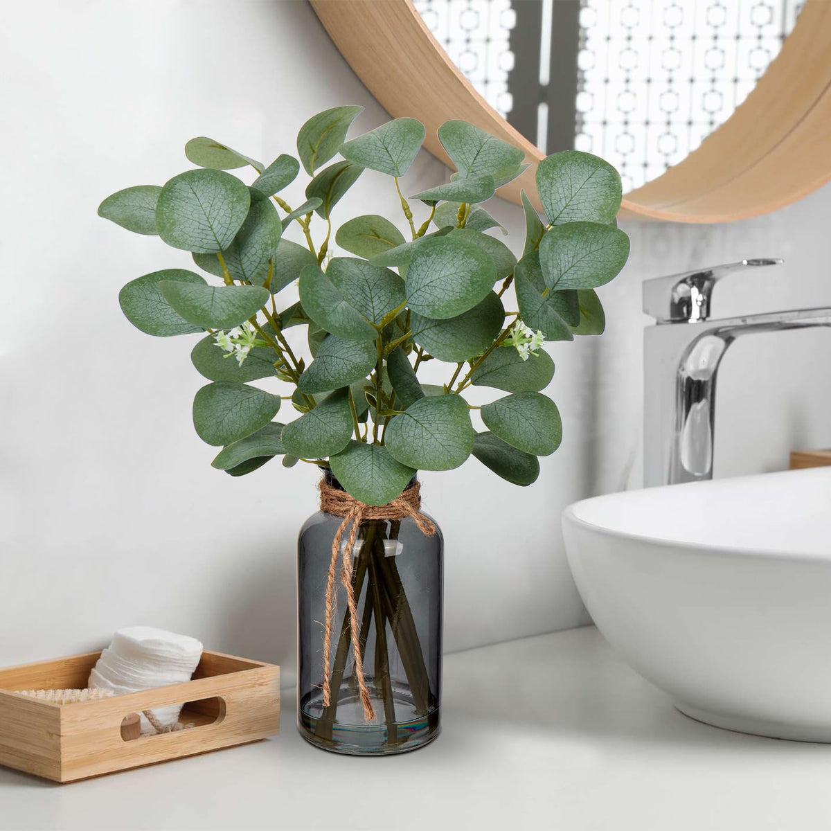 Briful Artificial Eucalyptus Stems in Black Glass Vase with Faux Water, 14" Fake Plant Eucalyptus Leaves for Home Office Farmhouse Wedding Centerpiece Décor