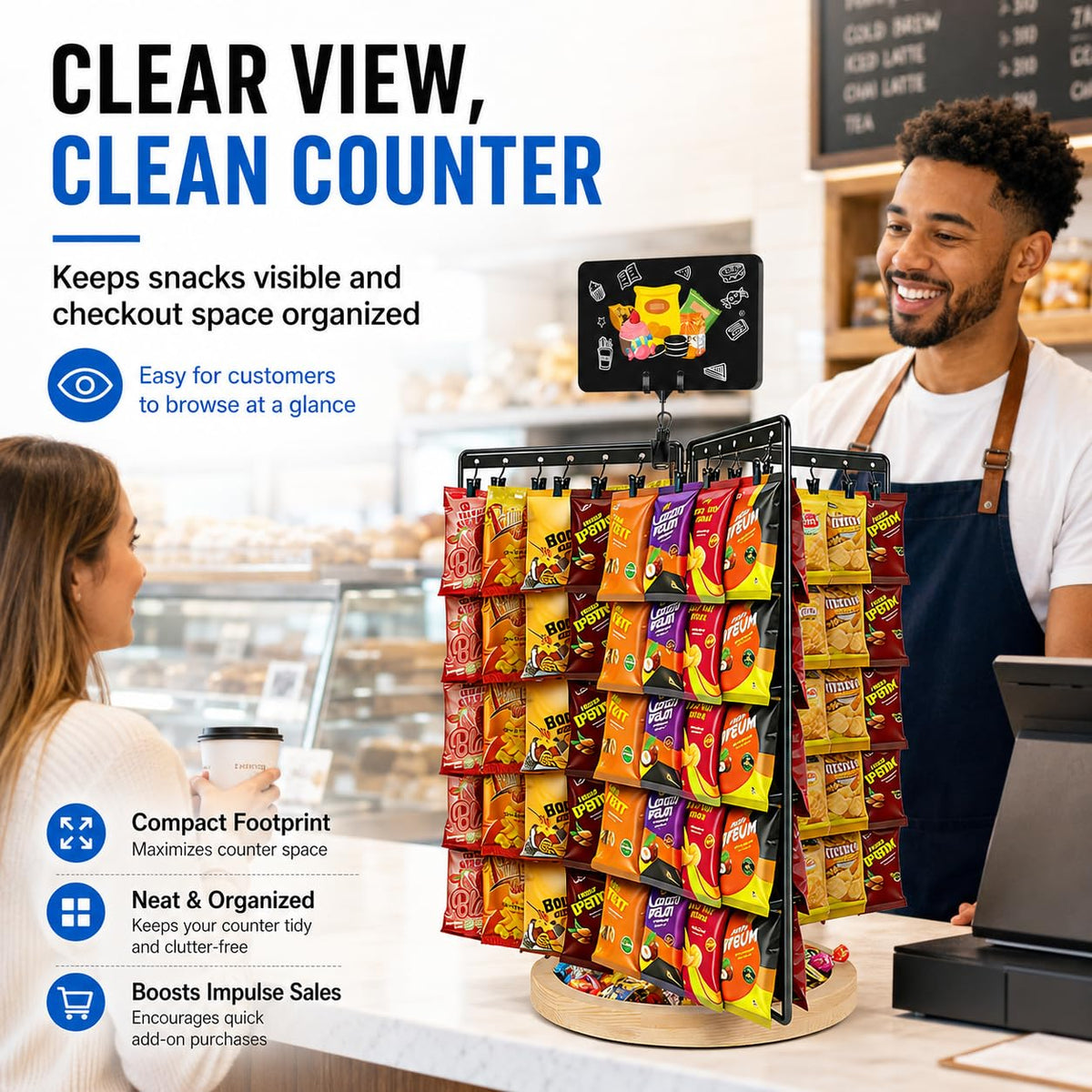 Chip Rack Display Stand, 360° Rotating 6-Sided Chip Holder Display for Countertop with 75 Adjustable Clips, Wooden Base Tray, DIY Message Board & Pen, Snack Display Rack for Concession Stand, Retail, Office, Parties