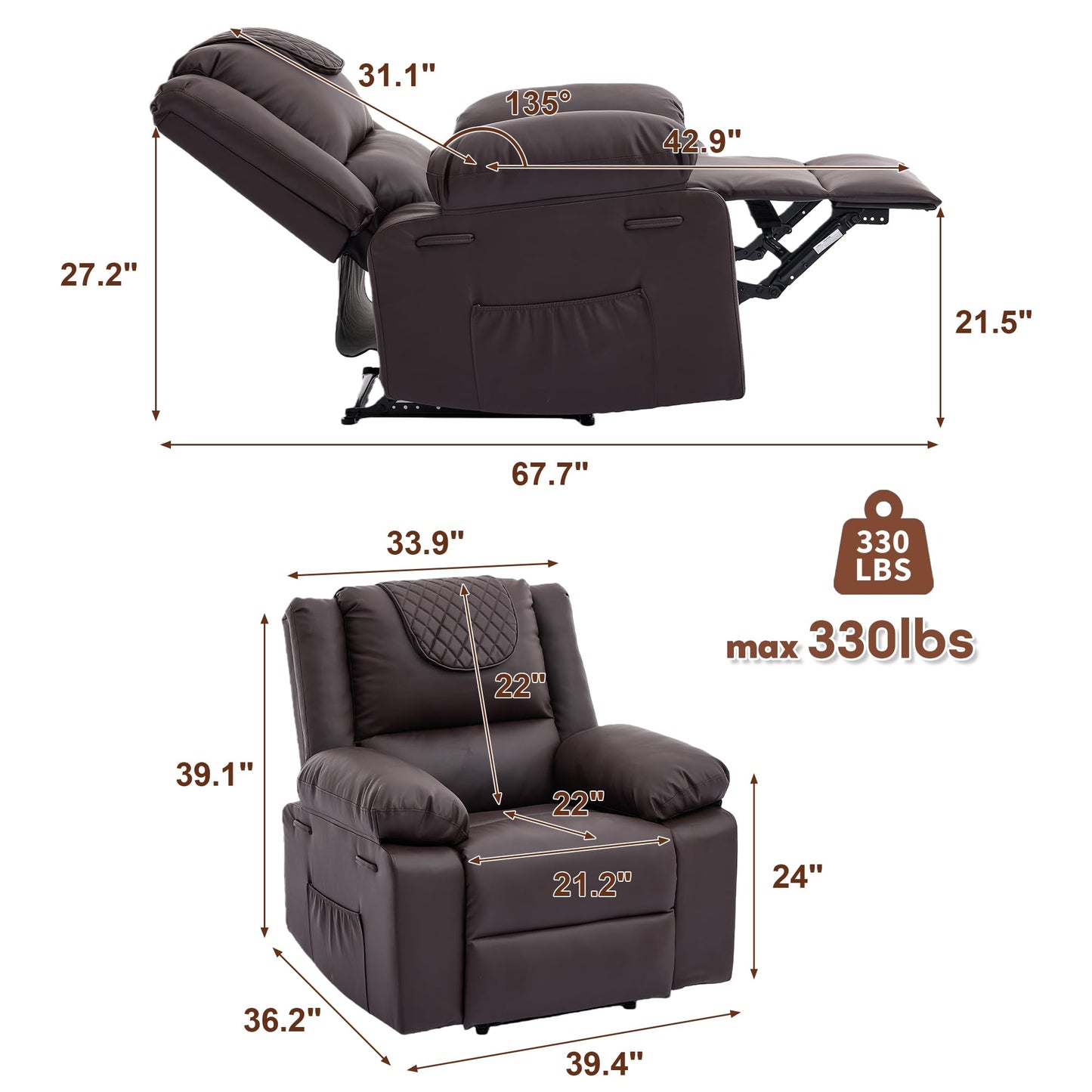 Adult Manual Recliner with Heating and Massage Functions (135° Front and Rear Adjustment) - Equipped with Side Storage Pockets and Remote Control, Suitable for Living Room and Bedroom(Coffee)