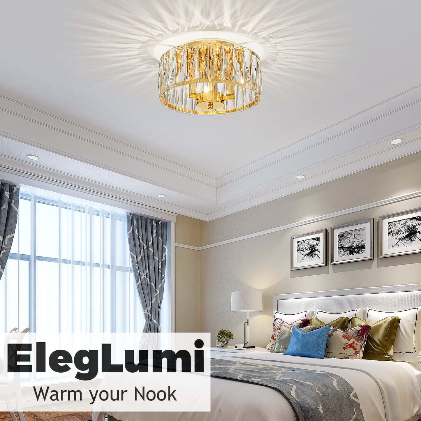 ElegLumi Crystal Ceiling Light, 3-Light Modern Flushmount Ceiling Light for Living Room, Dinning Room Hallway, D12xH9inch, Gold Finish Frame & K9 Crystal