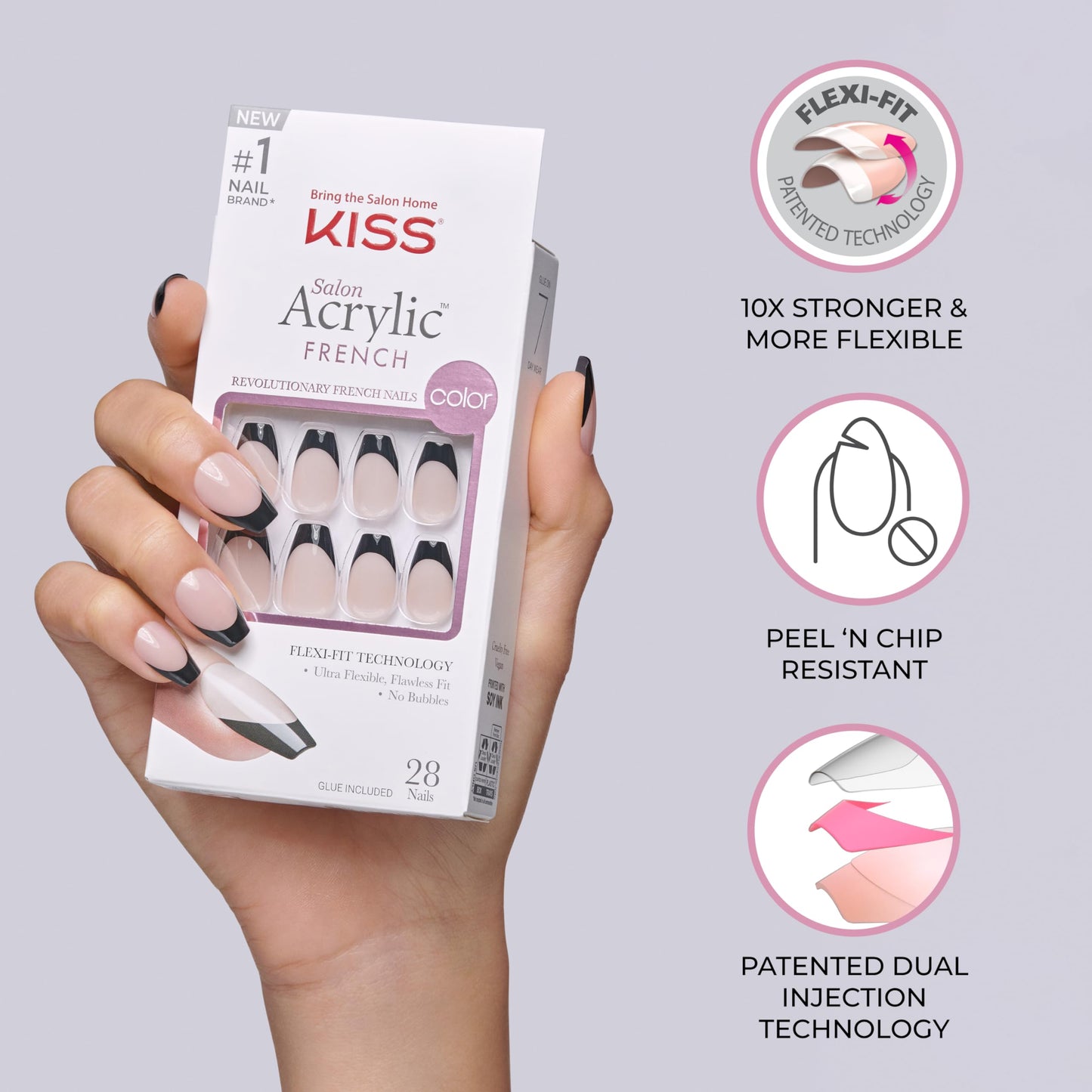 KISS Salon Acrylic, Press On Nails, Nail glue included, 'Flame', Dark Black, Short Size, Coffin Shape, Includes 28 Nails, 2g glue, 1 Manicure Stick, 1 Mini File