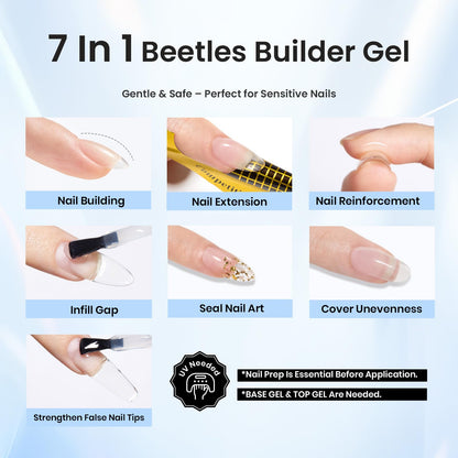 Beetles Builder Gel Set,3 Pcs 8 in 1 Nail Strengthening Apex Building Extension for Beginner DIY Salon at Home,Clear Builder Nail for Nails with Base and Top Coat Gel,UV & LED Lamp Needed