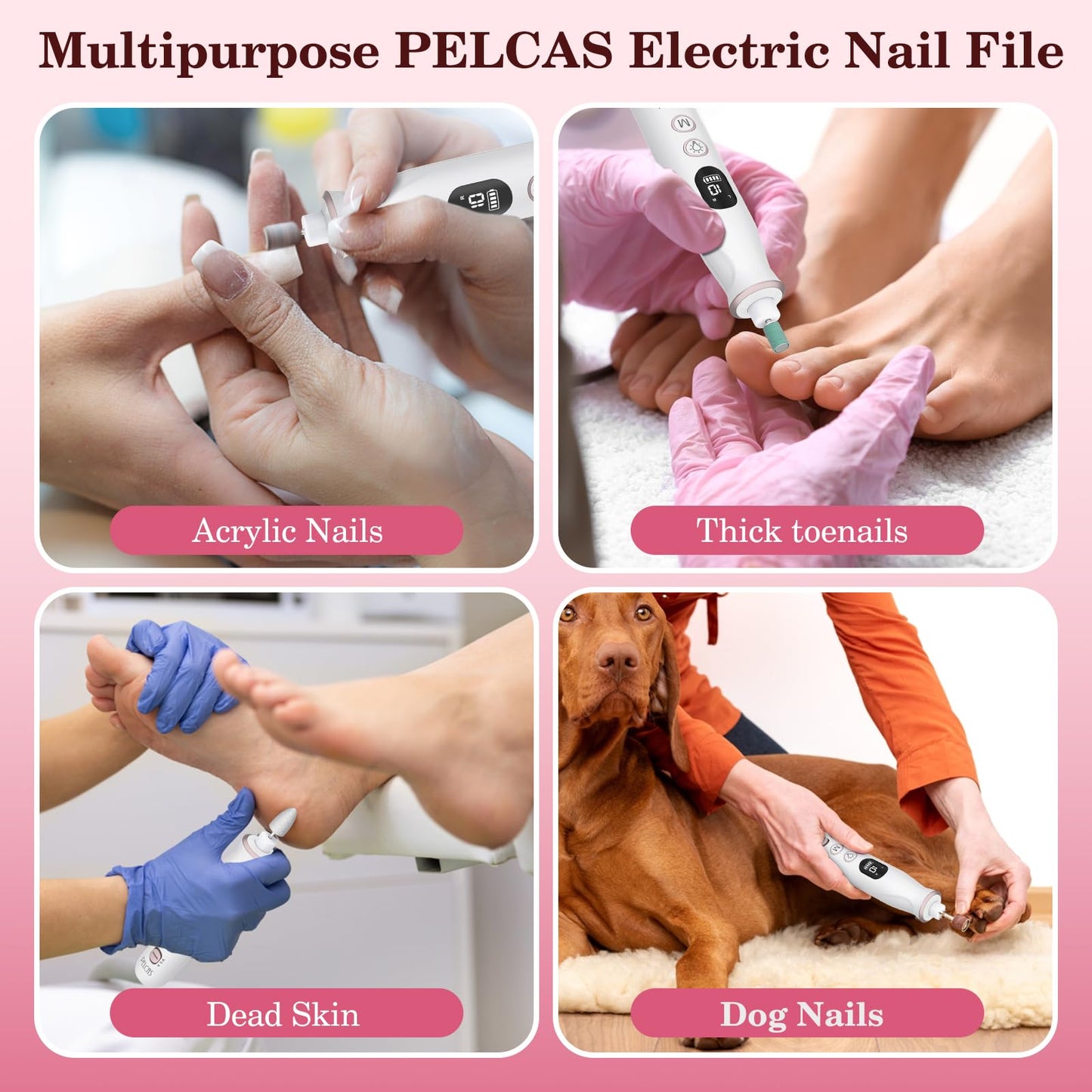 PELCAS Electric Nail Grinder, 10 Speeds Cordless Nail Drill with LED Light, Portable Manicure and Pedicure Kit, Nail File with LCD Screen for Human, Pet, Thick Toenails, Natural & Acrylic Nails Grey