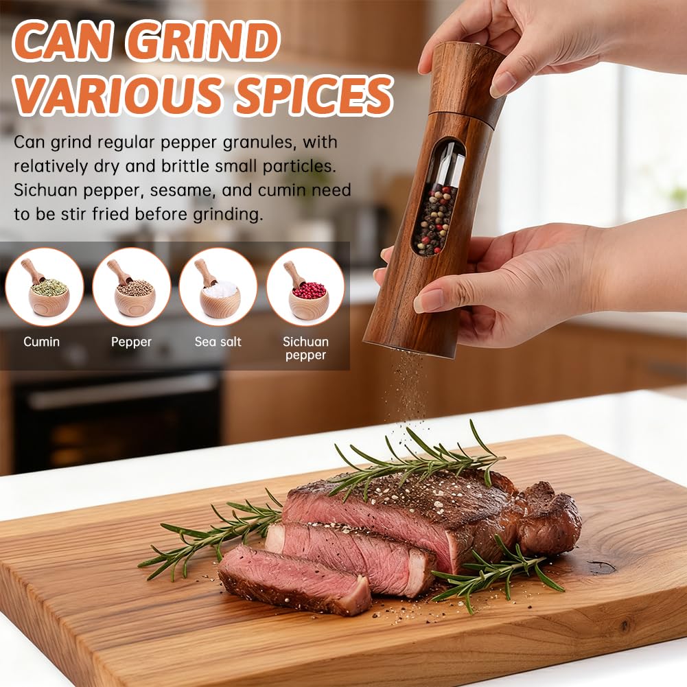 2 Pack Wooden Salt and Pepper Grinder Set with Spoon,Cleaning Brush,8 Inch Refillable Salt and Pepper Shakers,Manual Spice Mills with Clear View Window-Adjustable Coarseness