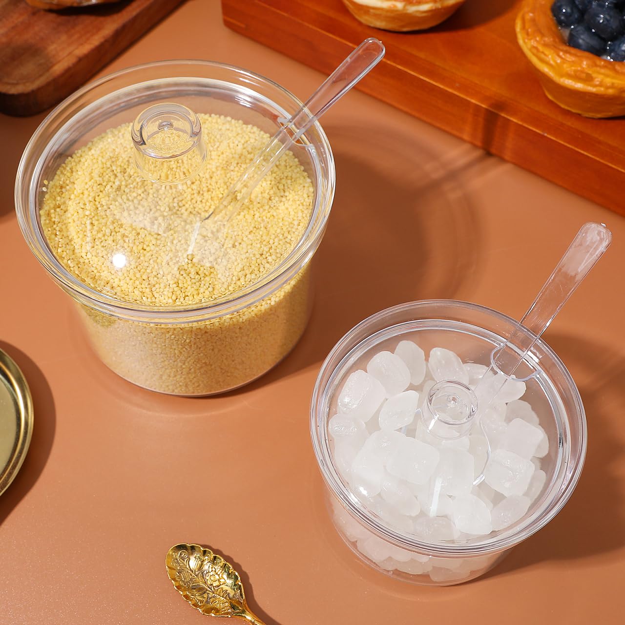 Cabilock Transparent Seasoning Box with Lids and Spoons 4.33X3.93 Inch Clear Salt Sugar Container Kitchen Condiment Storage Organizer