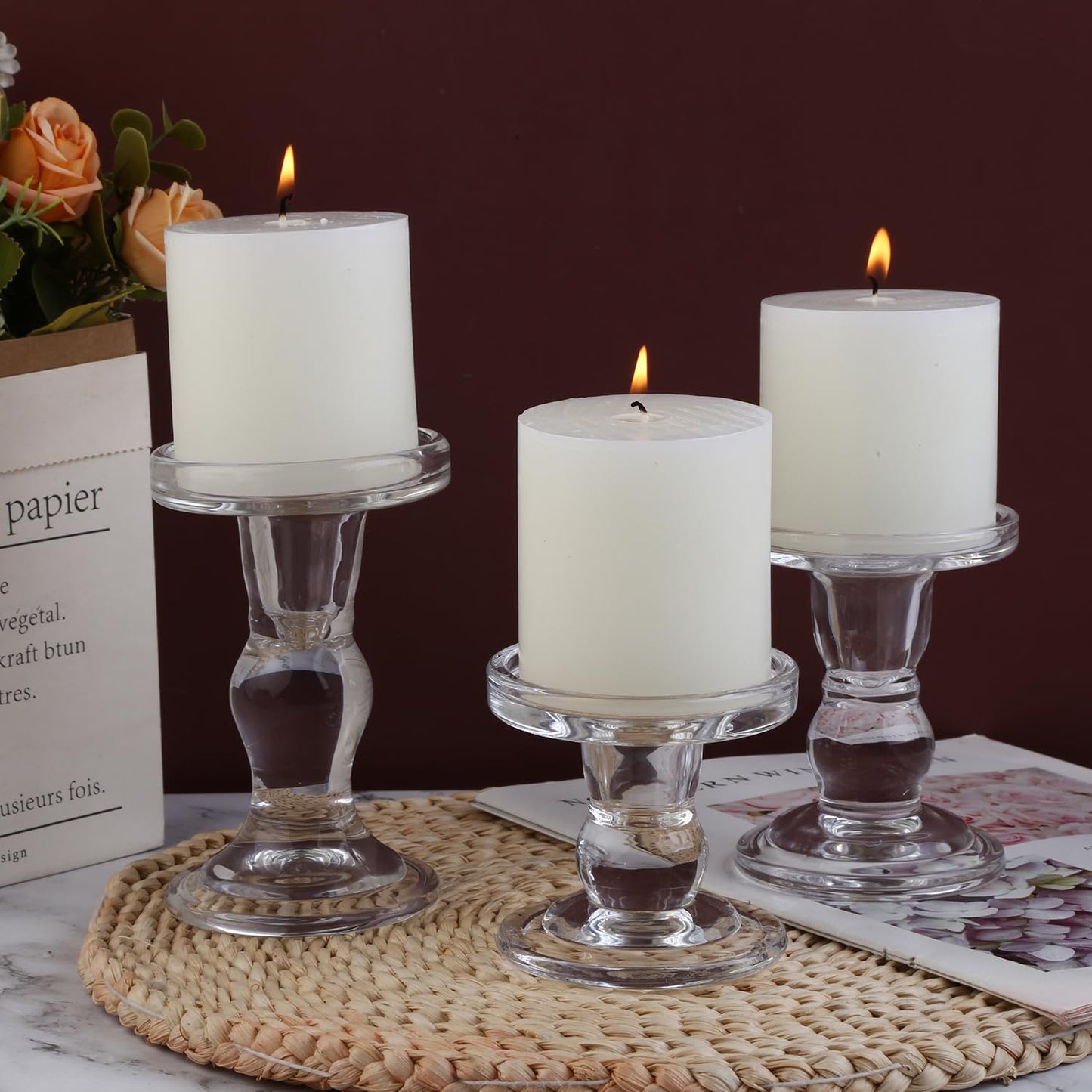 BTGLLAS 3-Piece Set of Glass Candlestick, Crystal Candlestick Holder Holder and Conical Candle, Christmas Candle Holder Decoration, Family Living Room Wedding Candle Holder (Clear)