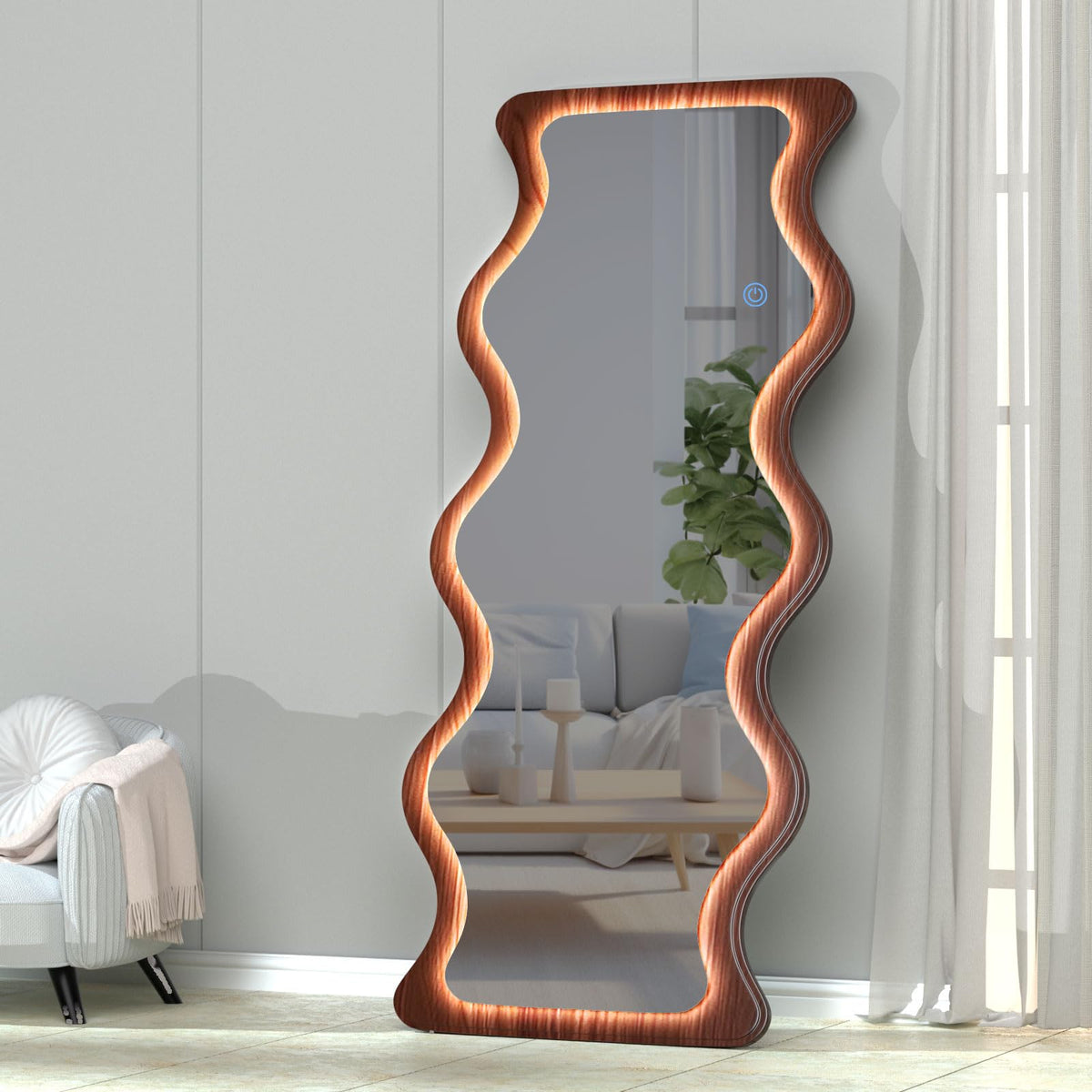 osemy 65"x 24" Irregular Wavy LED Full Length Mirror with Lights Wood Frame Full Body Mirror, Free Standing/Wall Mounted/Leaning for Dressing Bedroom Living Room Walnut Brown