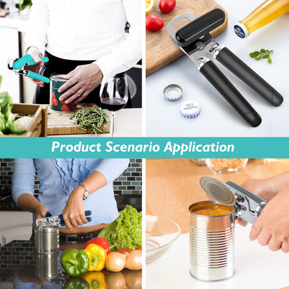 Mebotem 10 Colors Can Opener Manual Handheld Heavy Duty Hand Can Opener Smooth Edge Stainless Steel Can Openers Top Lid Kitchen Gadgets, Best Large Rated Easy Turn Knob, with Bottle Opener, Gray