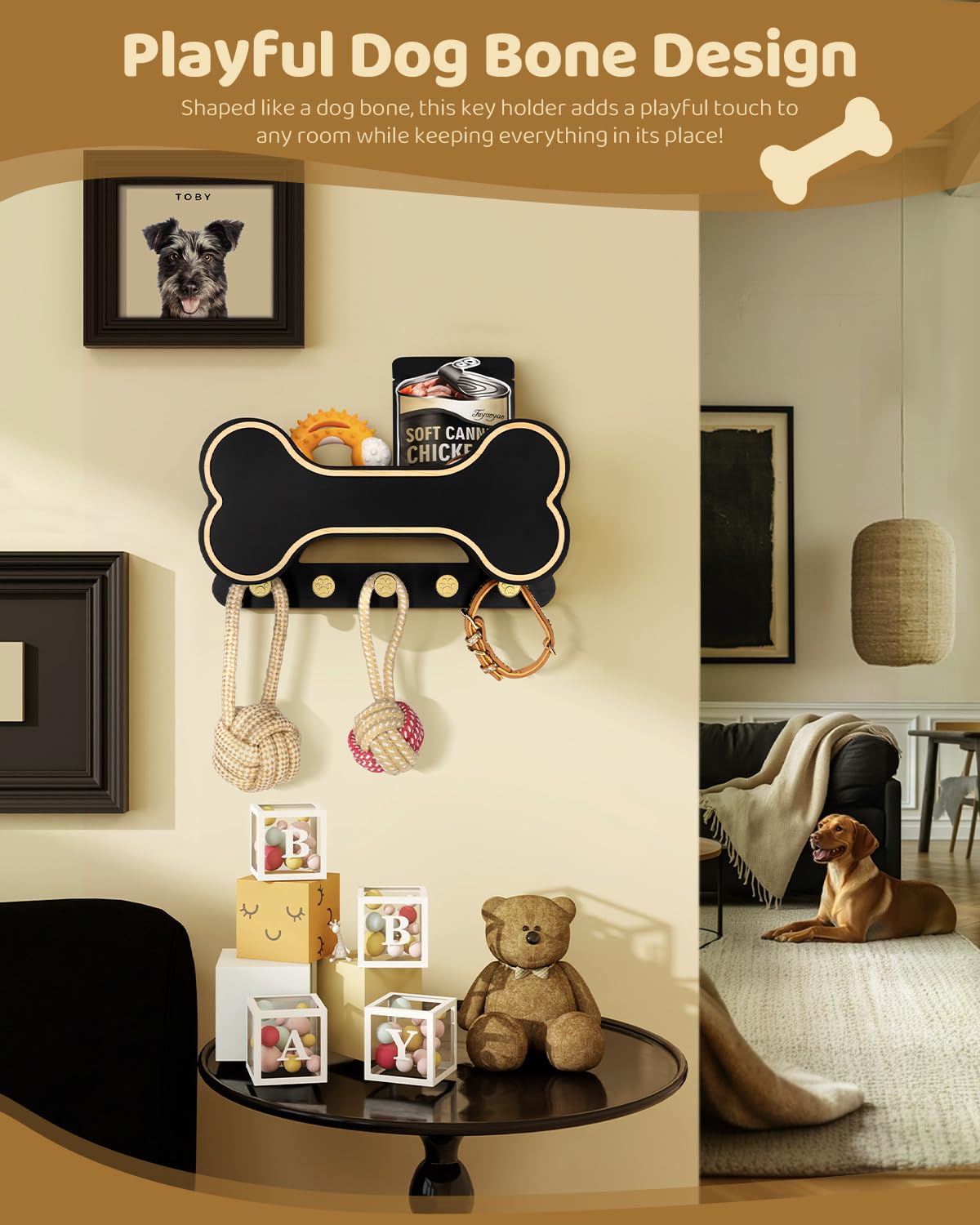 MTERSN Decorative Dog Leash Holder for Wall - Dog Stuff Organizer and Doggie Bone Key Holder Wall Mount with 5 Cute 3D Puppy Paw Hooks & Storage Shelf - Apartment Essentials (Black)