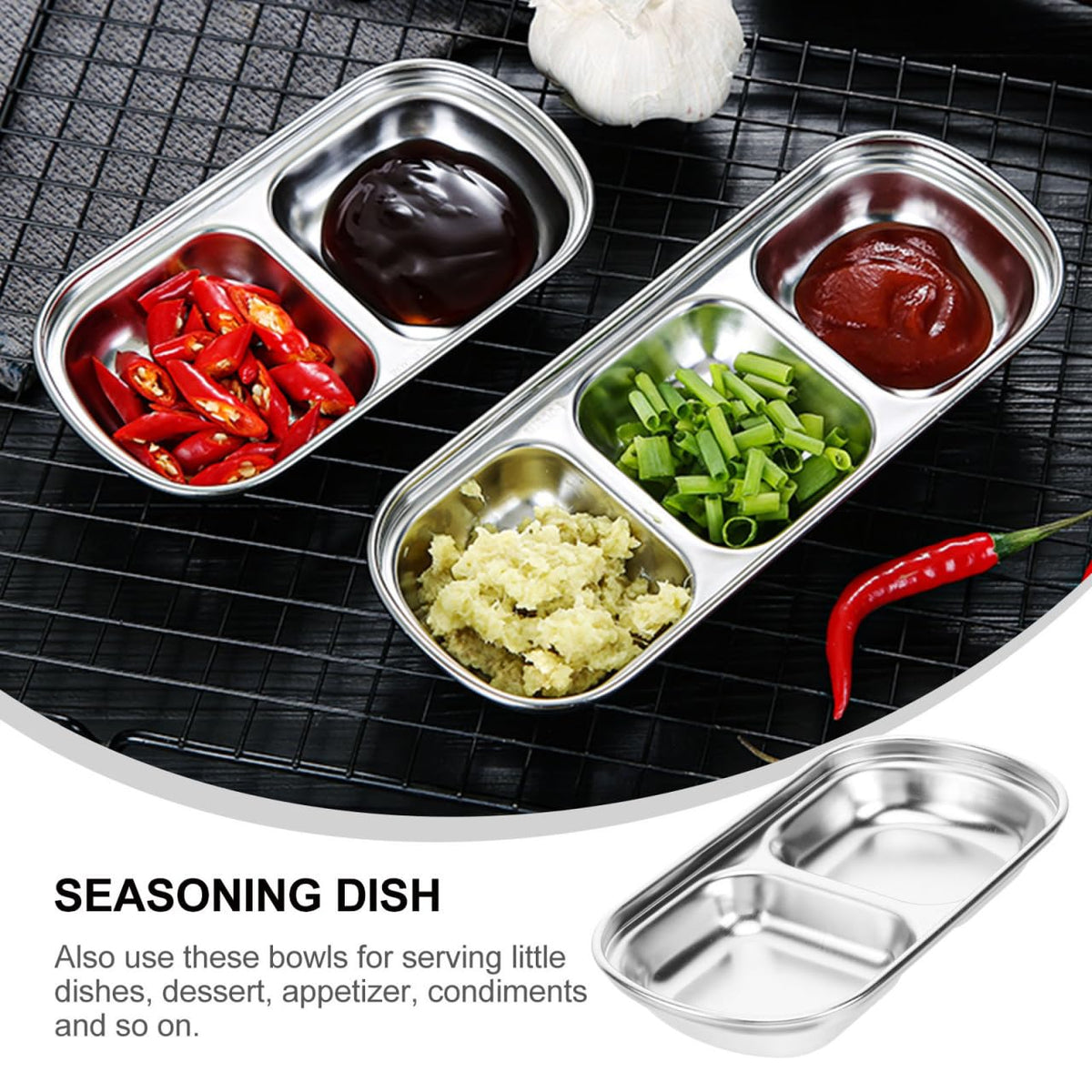 Hemoton 3Pcs Stainless Steel Seasoning Dishes,2 Grid Dipping Sauce Dishes Rectangle,Appetizer Plates,Dipping Sauce Bowl for Soy Vinegar BBQ-Chip and Condiments