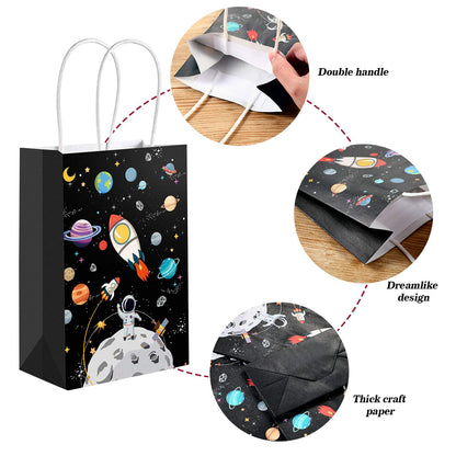 Outus 24 Pcs Outer Space Gift Bags Paper Space Treat Bags with Handles Planet Galaxy Party Favor for Birthday Galaxy Theme Party Supplies