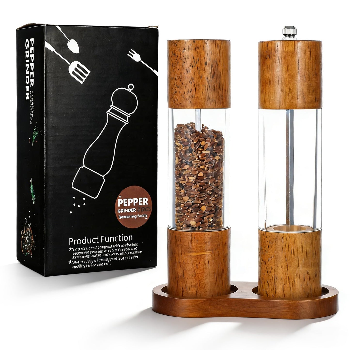 Wooden Salt and Pepper Grinder Set, 8 inch Manual Refillable Wooden Salt and Pepper Shakers Mill with Tray, Adjustable Coarseness, Solid Wood with Ceramic Stainless Steel Core, Transparent - 2 Packs