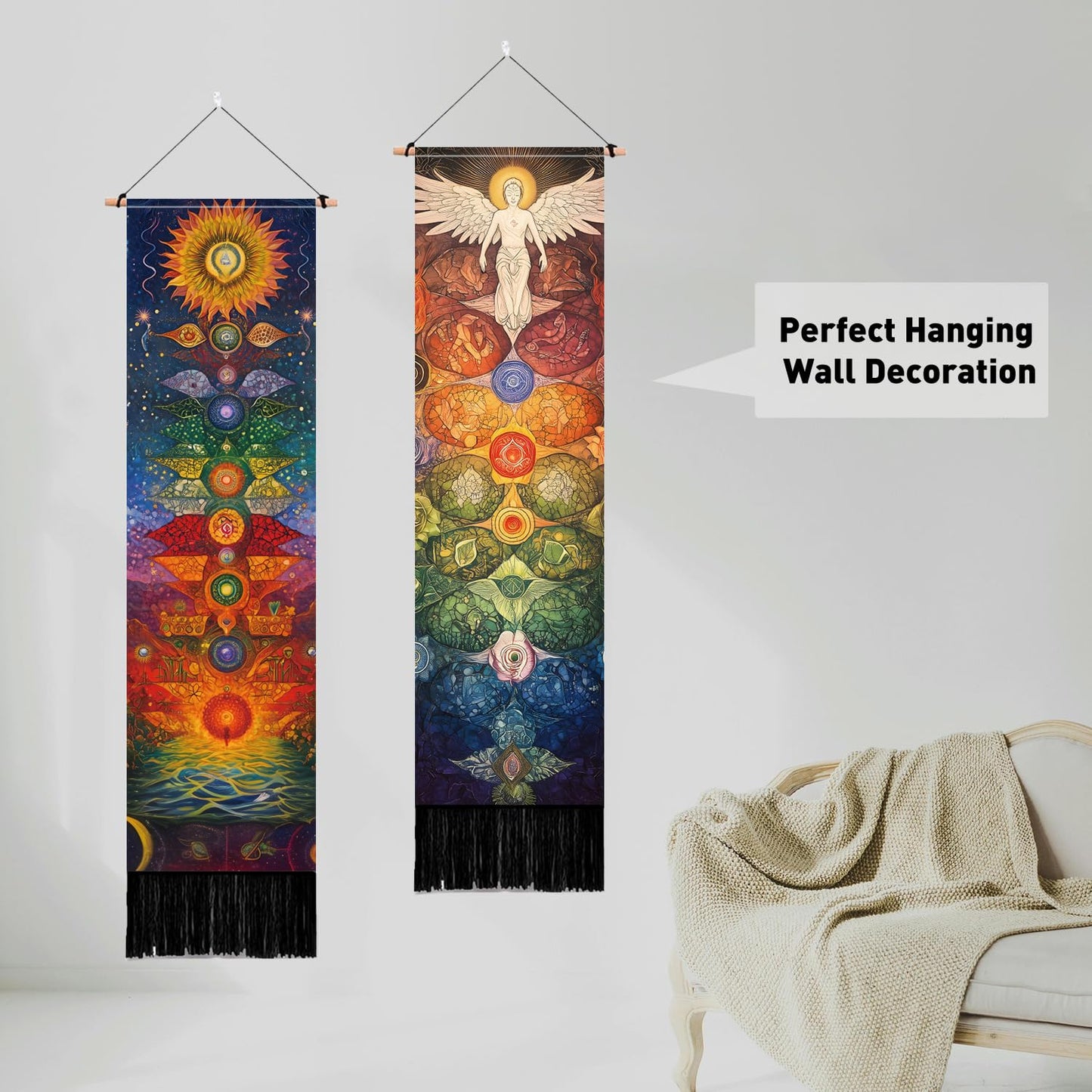 PLIGREAT 2 Pack Chakra Tapestry Meditation Long Tapestry with Tassels Aesthetic Wall Hanging for Bedroom Bathroom Living Room Dorm Room Long Narrow Wall Hanging Home Office Art Decor