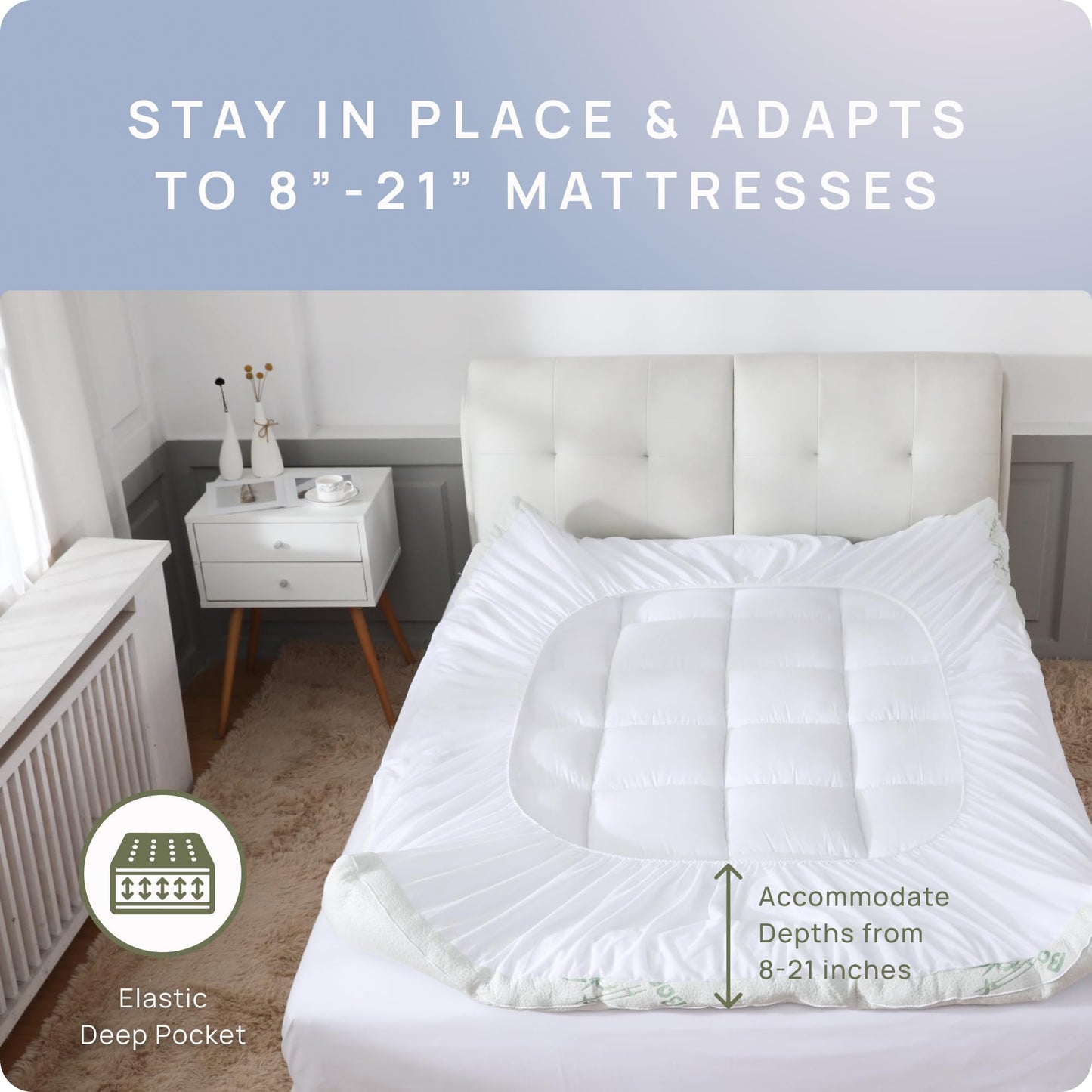Cooling Mattress Topper - Queen Size | Plush Pad Mattress Topper for Back Pain Relief, 8-21" Deep Pocket | Viscose Made from Bamboo Pillow Top | Bedroom Essentials