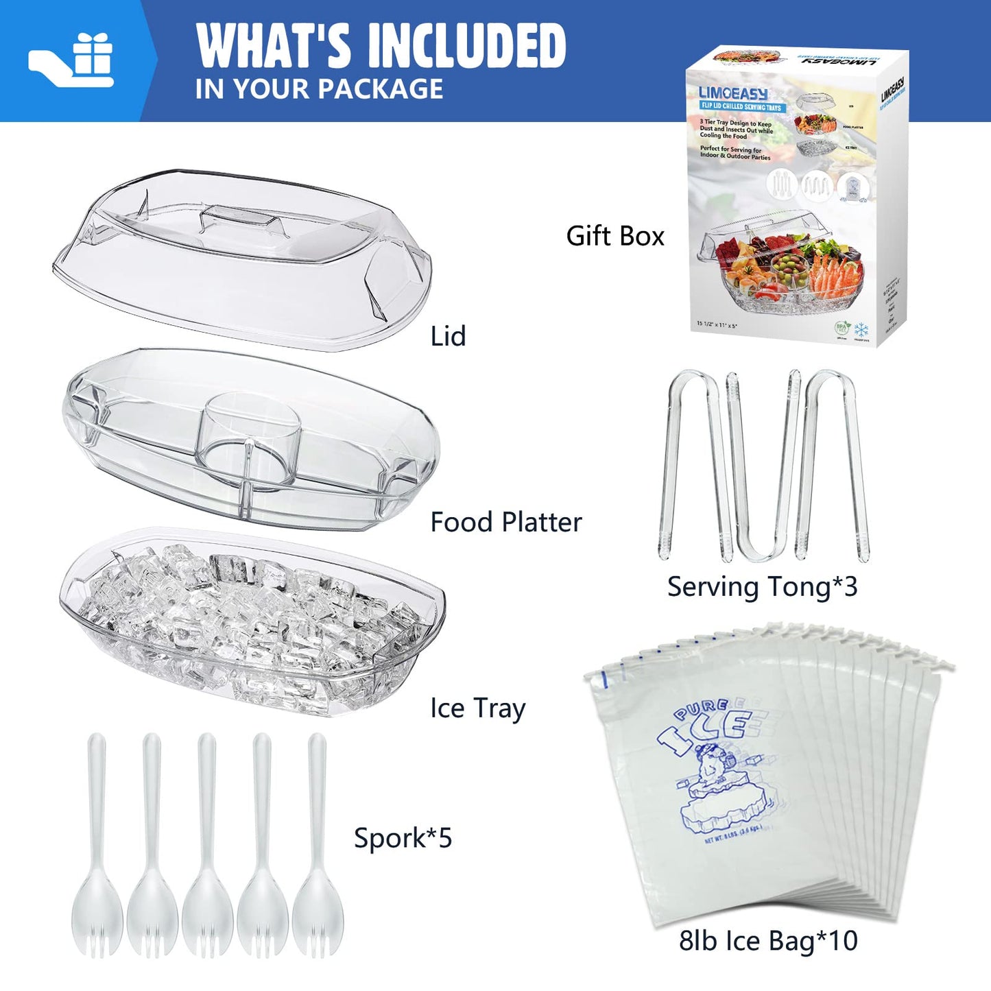LIMOEASY Chilled Serving Tray, 15" Clear Plastic Party Platter with 4 Compartments, Ice Serving Bowl with Lid, Shrimp Cocktail Serving Dish, Cold Food Buffet Server for Fruit, Veggie, Appetizer, Sushi