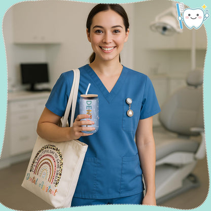 Dingion 5 Pcs Dental Assistant Gifts Set for Women Include 16 oz Glass Cup Tote Bag Cosmetic Bag Badge Holder Socks Appreciation Gifts for Dentist Dental Assistant Hygienist Accessories