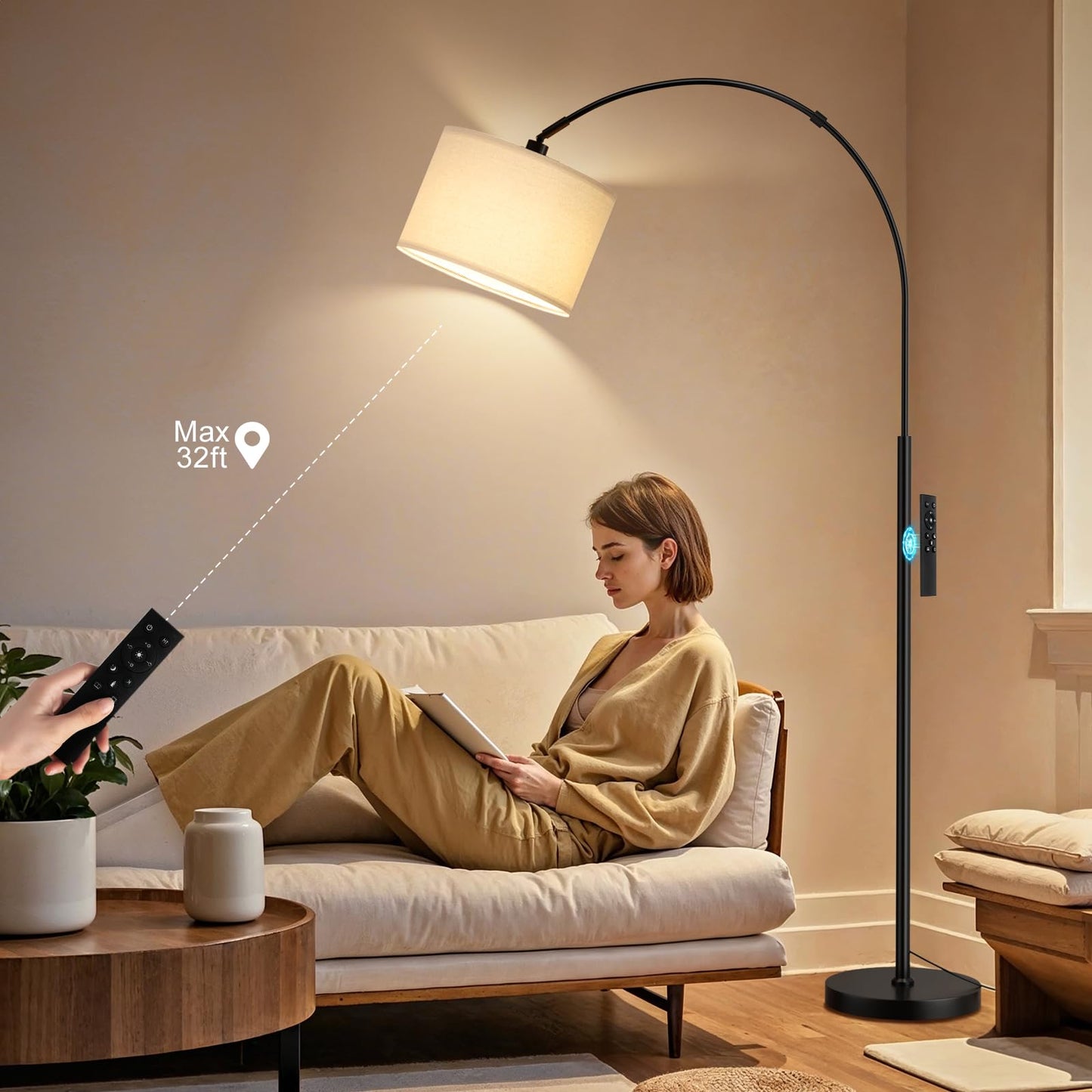 Ambimall 70 Dimmable Arc Floor Lamp with Remote, Color Temperatures and Brightness Adjustable, Arched Floor Lamp with Rotating Head, Over Couch Arched Light for Living Room (Deep Beige and Black)